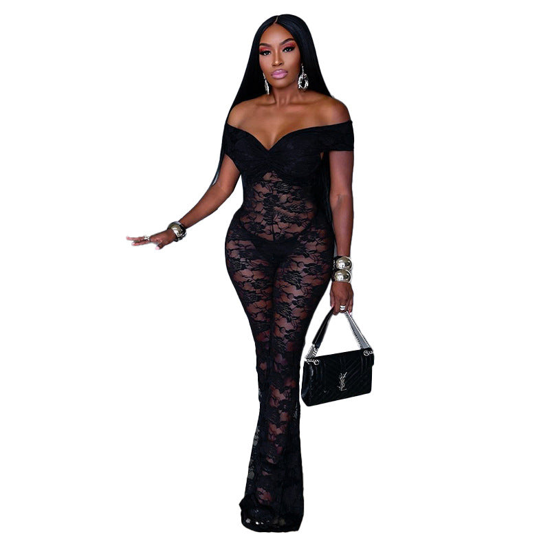 Damen Eleganter Spitzen-Jumpsuit mit schulterfreiem Design Drune