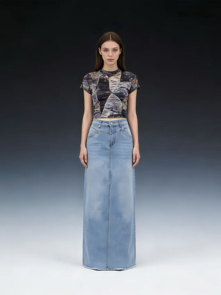 Damen nan langer High-Waist Denim-Maxirock mit gerader Silhouette und rohem Saum Drune