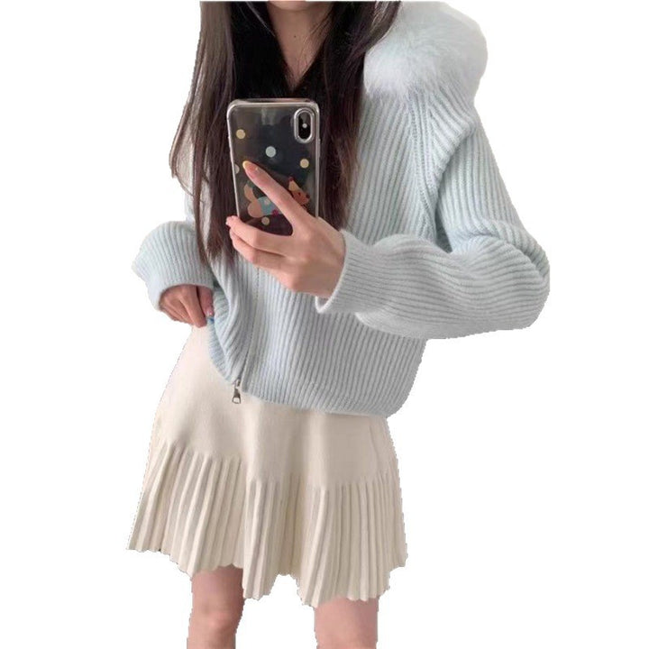 Damen Softes Rippenstrickjacke mit luxuriösem Pelzkragen Drune