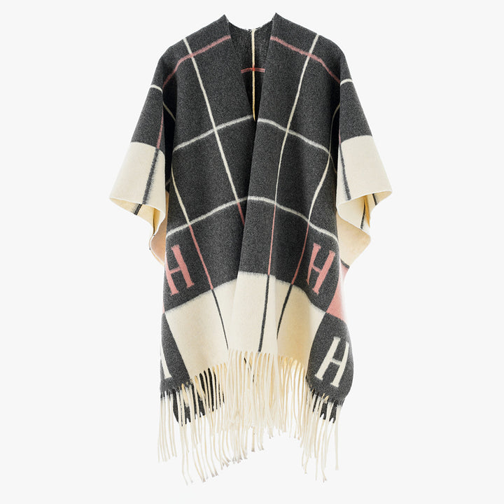 Damen Oversize-Überwurf aus Wollmix mit Monogramm-Karomuster und Fransensaum Drune