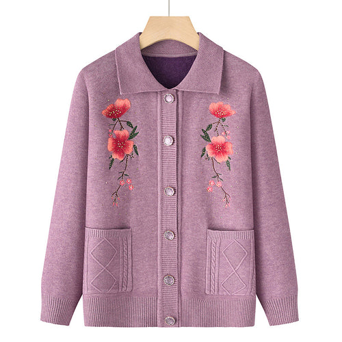 Damen nan bestickte Strickjacke mit Hemdkragen, Eingrifftaschen und floraler Stickerei Drune