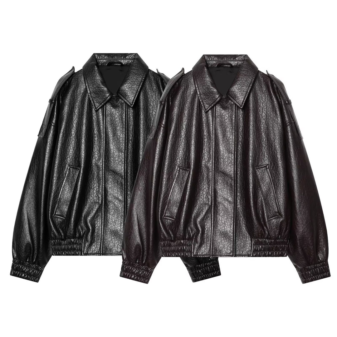 Damen Oversized Kunstleder-Bomberjacke mit Schulterklappen und gerafftem Saum Drune