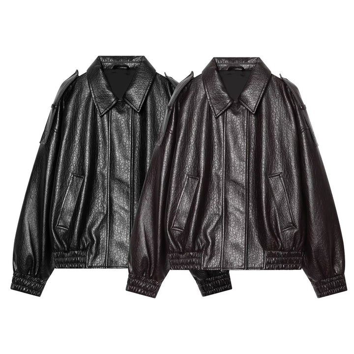 Damen Oversized Kunstleder-Bomberjacke mit Schulterklappen und gerafftem Saum Drune