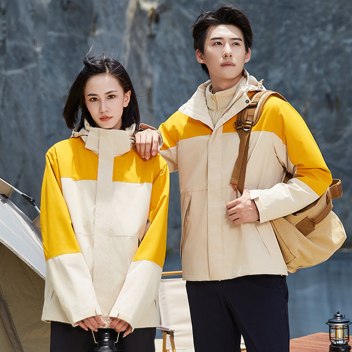 Unisex zweilagige wasserabweisende Outdoorjacke mit Kapuze und Colorblock-Design Drune