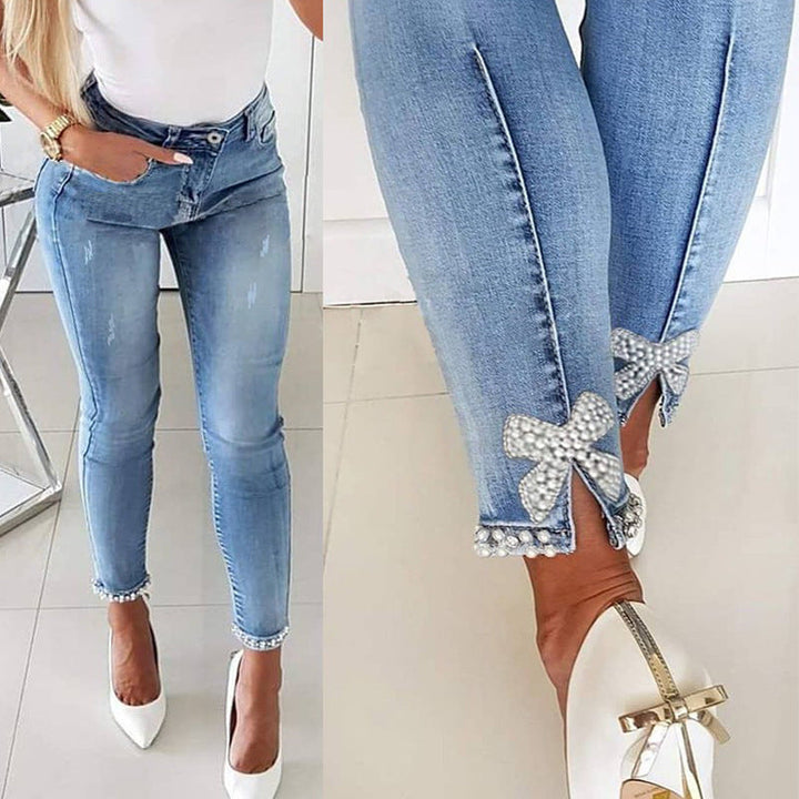 Damen Skinny Jeans mit Perlen- und Schleifendetails Drune