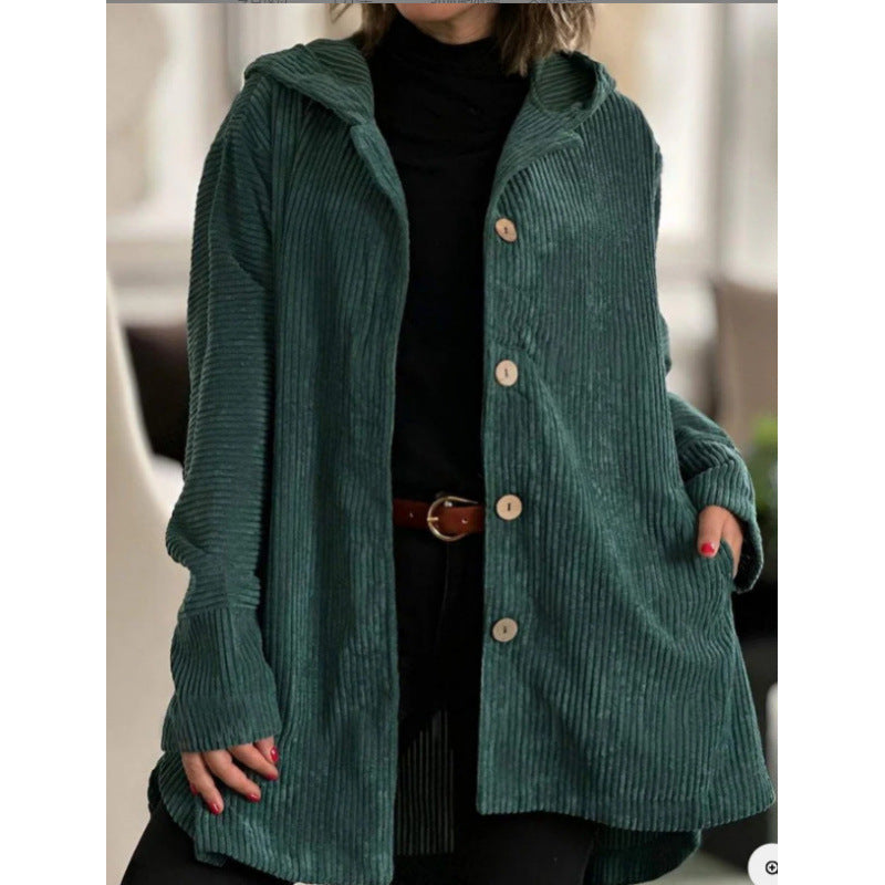 Drune | Jacke mit Kapuze - Cord - Lockere Passform - Mittlere Länge - Knopfdetails