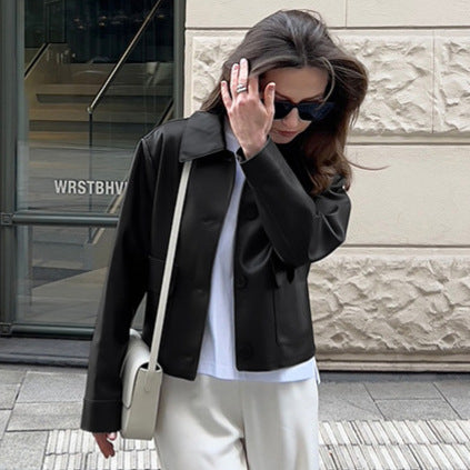 Damen Modische Lederjacke im eleganten Cropped-Schnitt mit praktischen Taschen Drune