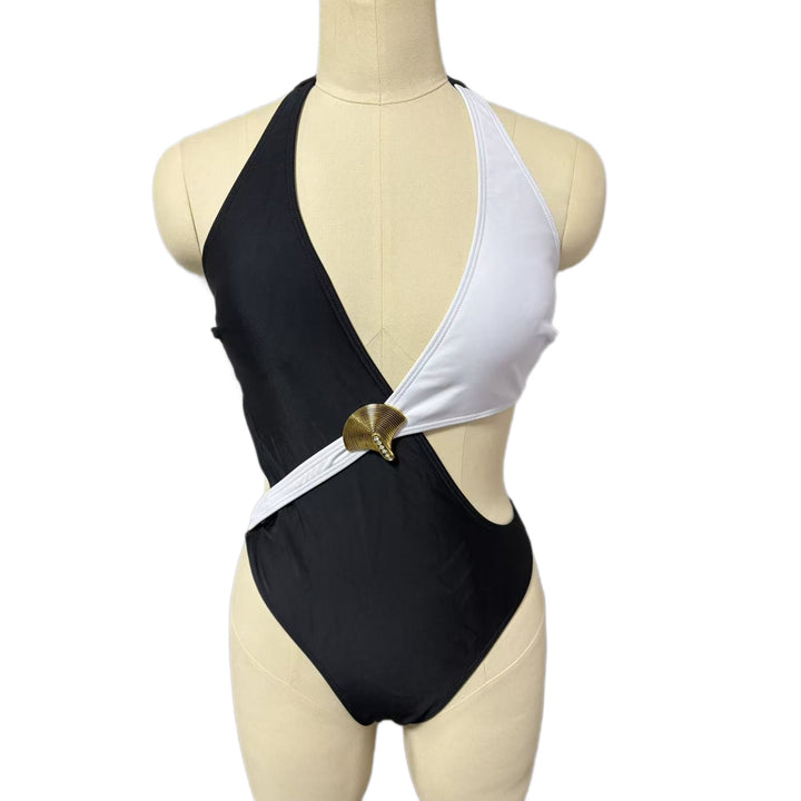 Damen Eleganter einteiliger Badeanzug mit asymmetrischem Design und goldener Schnalle Drune