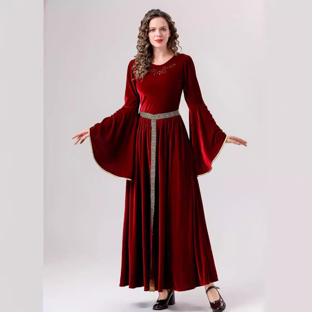 Damen elegantes Samtkleid mit Weitem Ärmel und Ziergürtel Drune