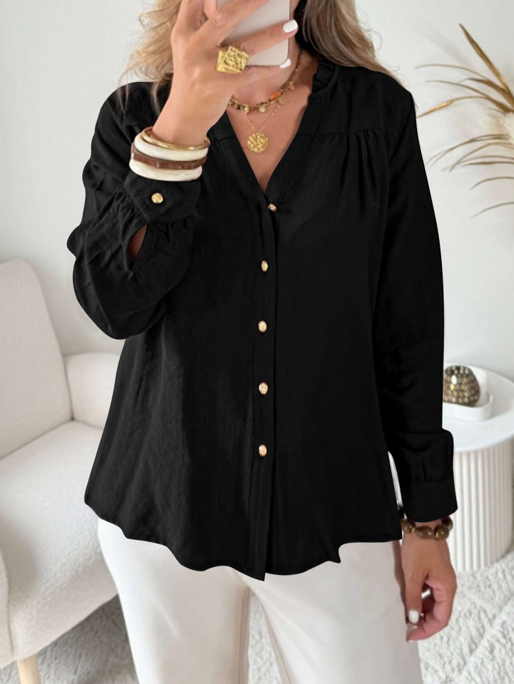 Damen Lockeres Blusenshirt mit V-Ausschnitt, Rüschensaum und goldenen Zierknöpfen Drune