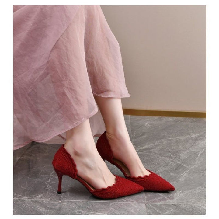 Damen Elegante Spitzen-Pumps mit gewelltem Saum und floraler Stickerei Drune