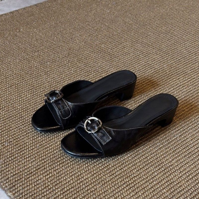 Damen Slip-On Mules mit niedrigem Blockabsatz und Zier-Ringschnalle Drune