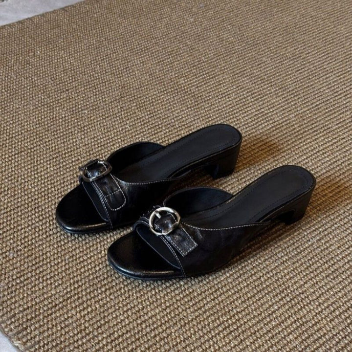 Damen Slip-On Mules mit niedrigem Blockabsatz und Zier-Ringschnalle Drune