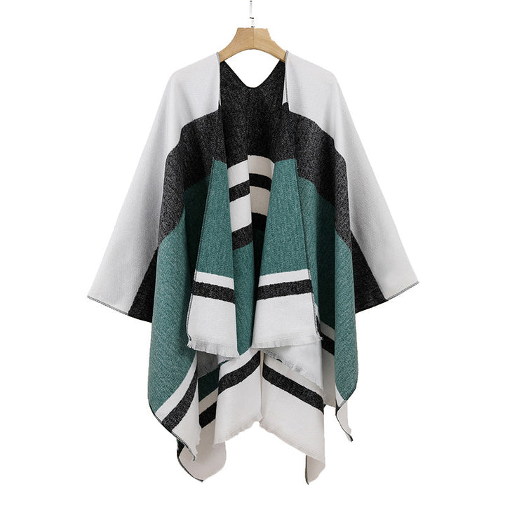 Damen Leichter Capeponcho aus Feinstrick mit geometrischem Blockstreifen-Design Drune