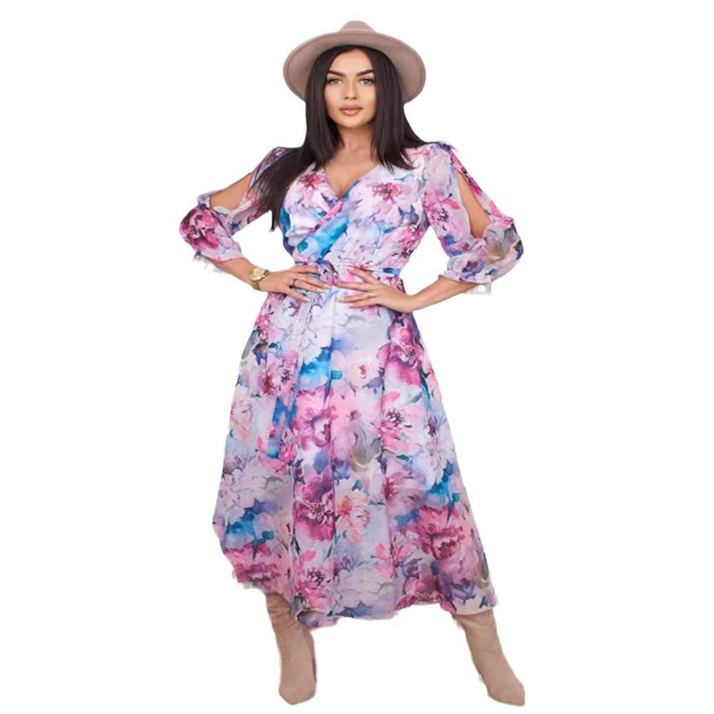 Damen Langes Maxi-Kleid mit floralem Schnitt und raffinierten Ärmeln Drune