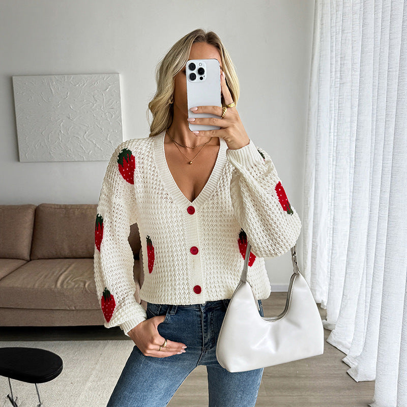Damen Süßer Strickcardigan mit Erdbeer-Motiv Drune