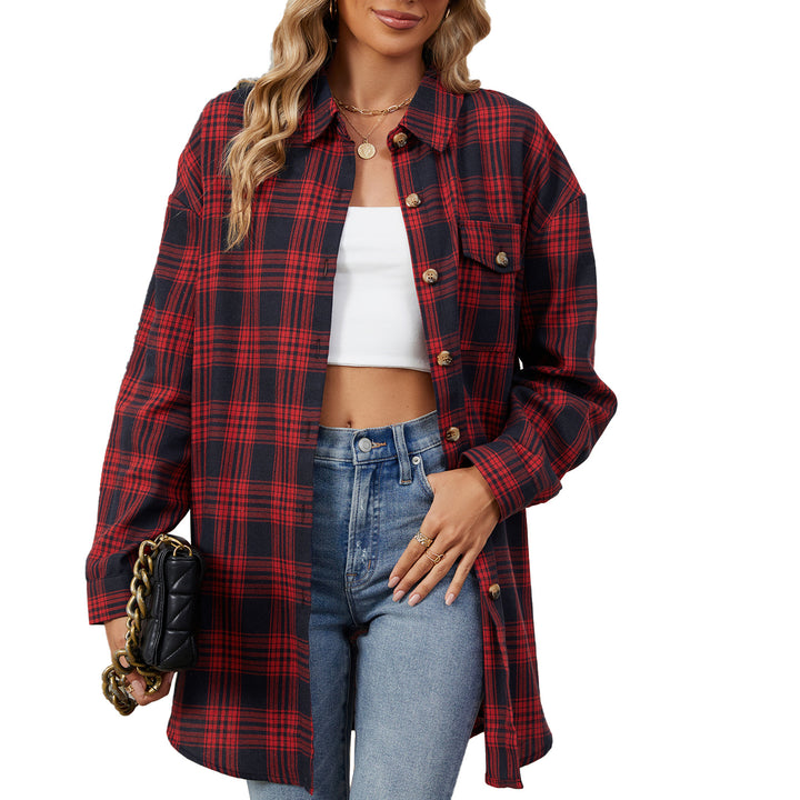 Damen Oversized Karobluse mit legerem Schnitt und Knopfdetails Drune