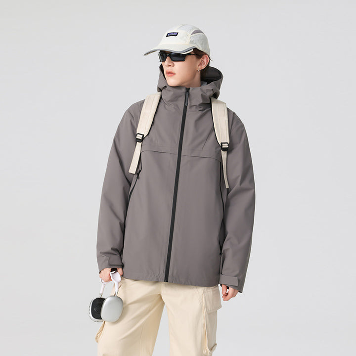Herren Minimalistische Hybrid‑Regenjacke mit verstaubarer Kapuze und atmungsaktiver Membran Drune
