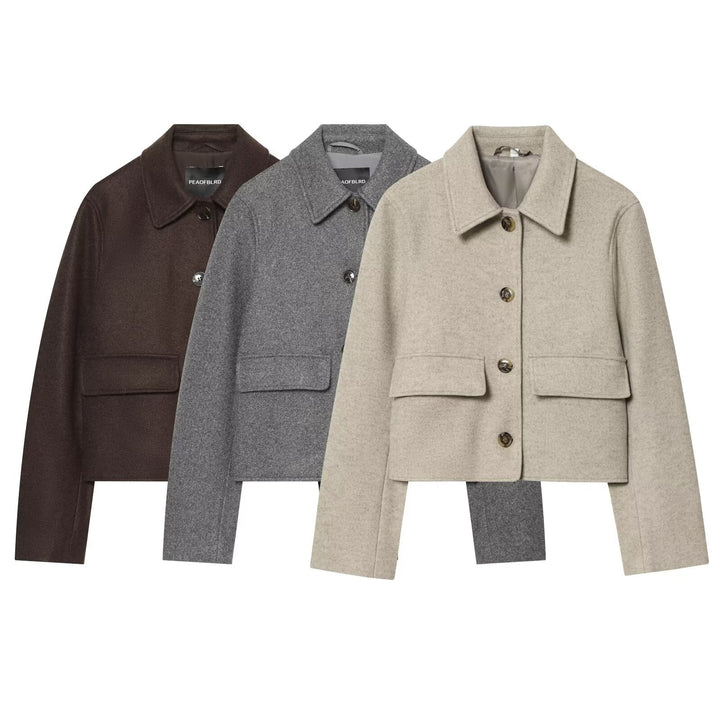 Damen Kurzer boxy Wollblouson mit Hemdkragen und Pattentaschen Drune