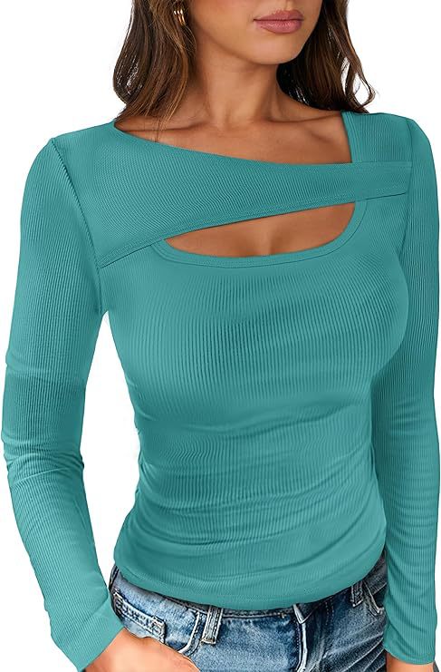 Damen Geripptes Langarmshirt mit asymmetrischem Carmenausschnitt und Brust-Cut-Out Drune