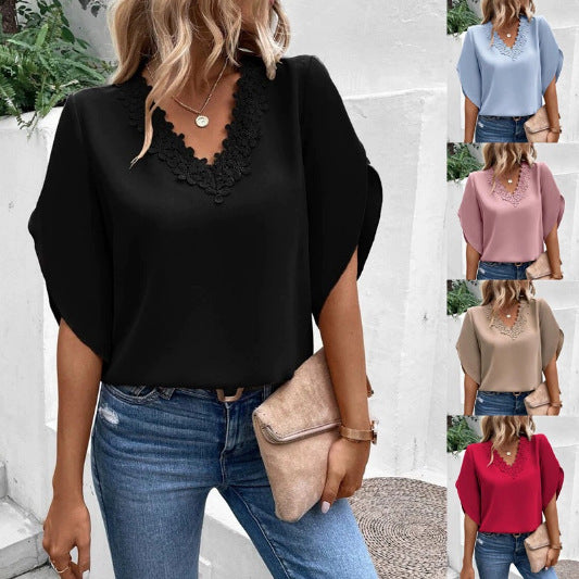 Damen Elegante V-Ausschnitt Bluse mit floraler Spitzenkante und Fledermausärmeln Drune