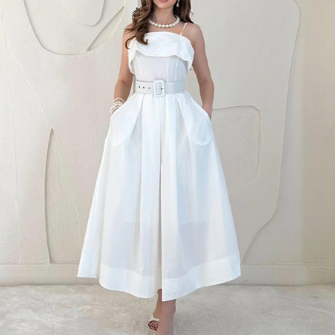 Damen Maxikleid mit Trägern und tailliertem Gürtel Drune