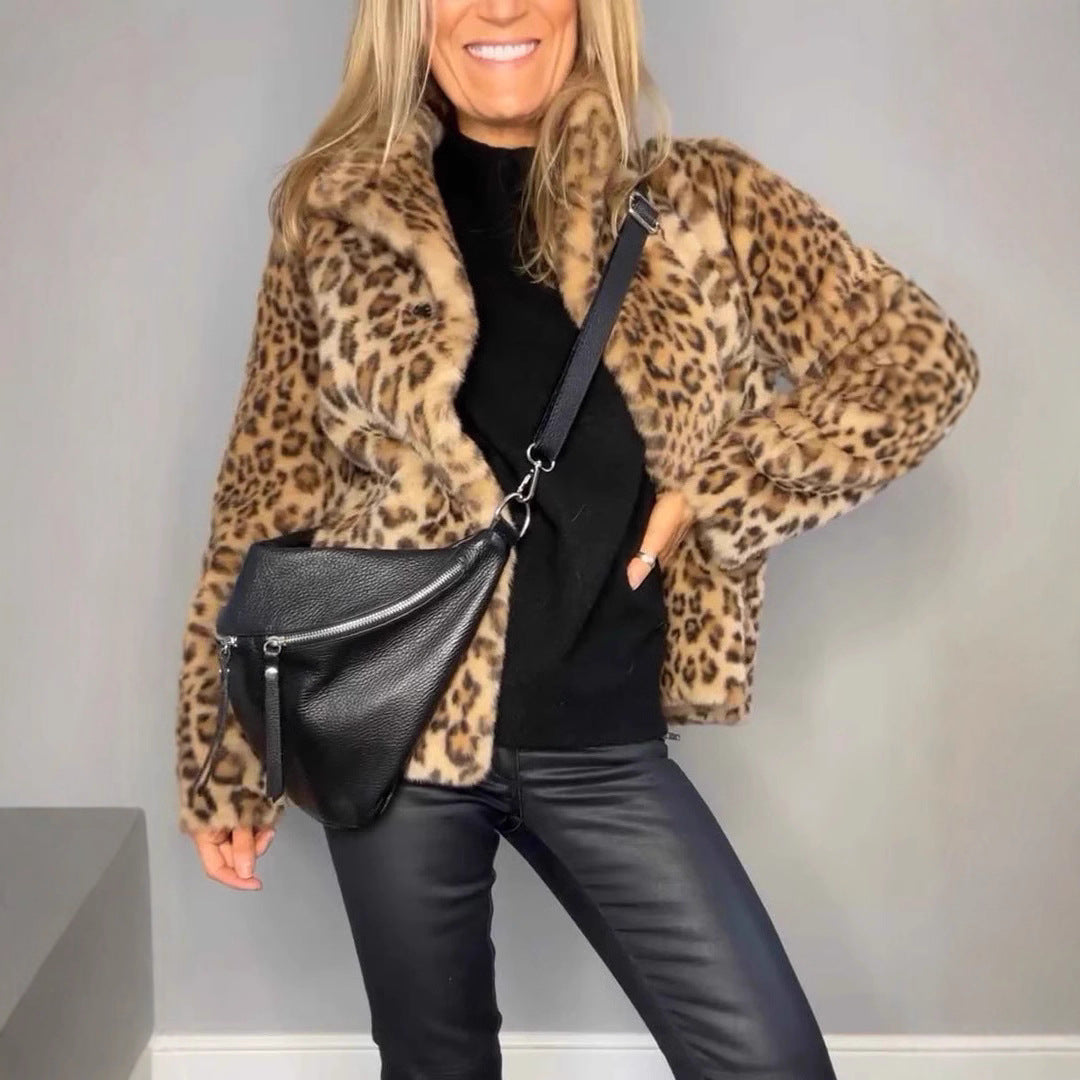 Damen Flauschige Leopardmuster Jacke mit hohem Kragen Drune