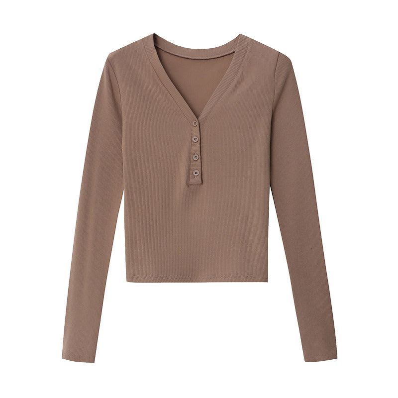 Damen Langarm-Henley-Shirt aus hochwertigem Rippstrick mit modischen Knopfdetails Drune