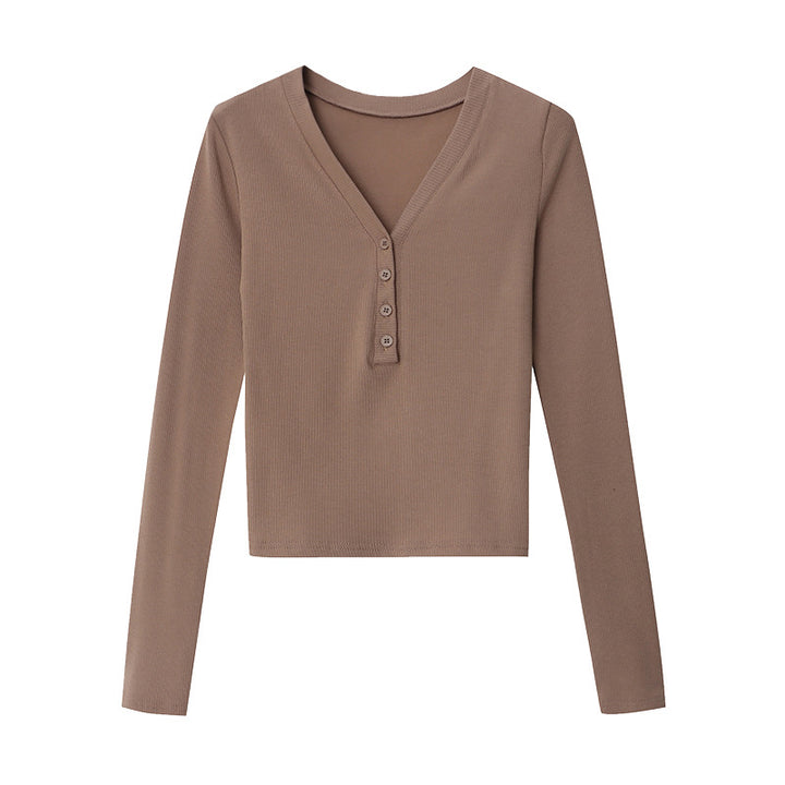 Damen Langarm-Henley-Shirt aus hochwertigem Rippstrick mit modischen Knopfdetails Drune