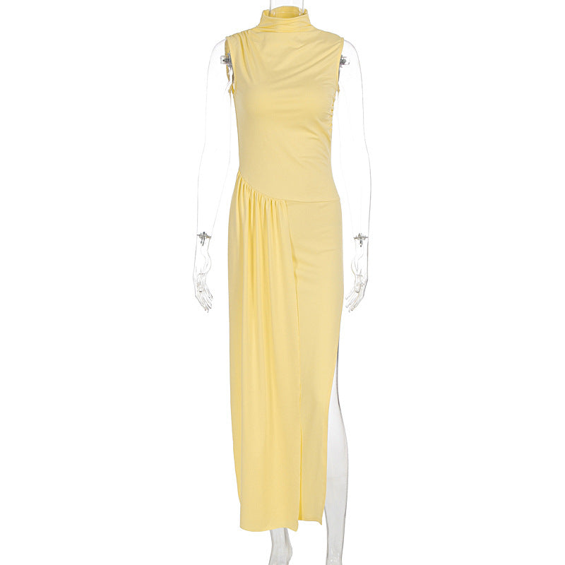 Damen elegantes Maxikleid mit asymmetrischem Schnitt und hohem Schlitz Drune