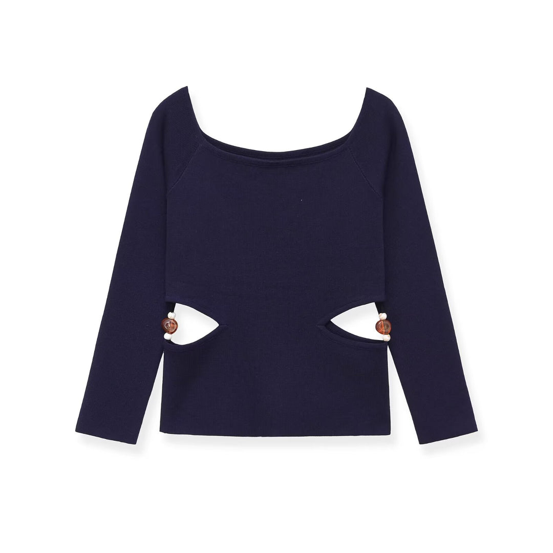 Damen Langarmshirt mit seitlichen Taillen-Aussparungen und Perlenbesatz Drune