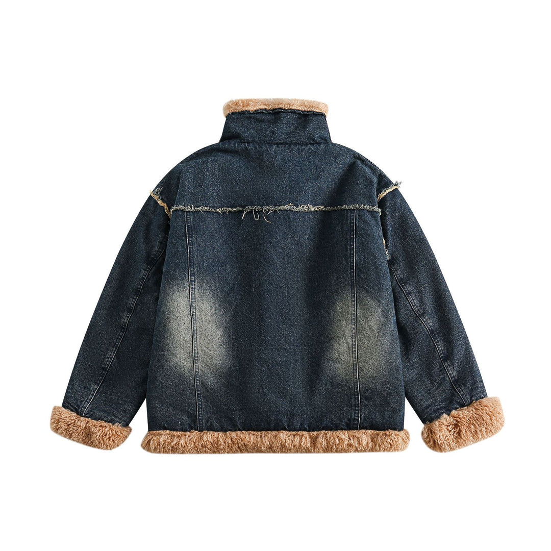 Damen Denim‑Blouson mit Teddyfutter, hohem Schnallenkragen und Used‑Effekt Drune