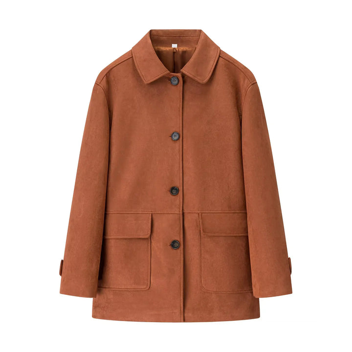 Damen nan eleganter Veloursmantel mit Hemdkragen aufgesetzten Pattentaschen und geradem Schnitt Drune