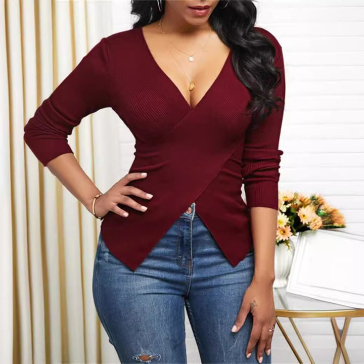 Damen elegantes Wickeloberteil mit strukturiertem Rippstoff und tiefem V-Ausschnitt Drune