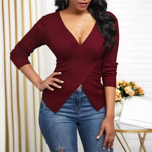 Damen elegantes Wickeloberteil mit strukturiertem Rippstoff und tiefem V-Ausschnitt Drune