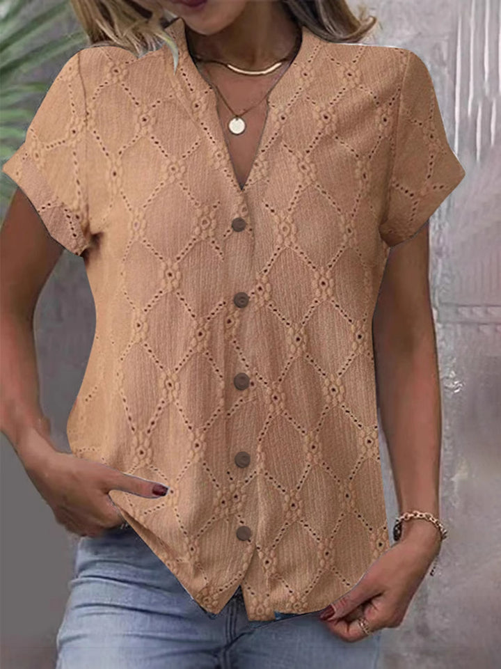 Damen nan kurzärmlige Broderie-Bluse mit V-Ausschnitt und durchgehender Knopfleiste Drune