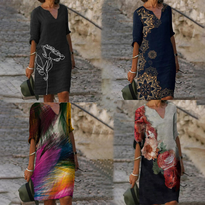 Damen nan lässiges Leinenkleid mit V-Ausschnitt und floralem Allovermuster, knielang mit dreiviertelärmeln Drune
