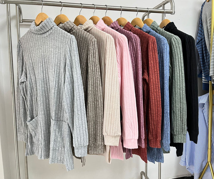 Damen elegantes Oberteil aus strukturierter Strickware mit Stehkragen und Seitentaschen Drune
