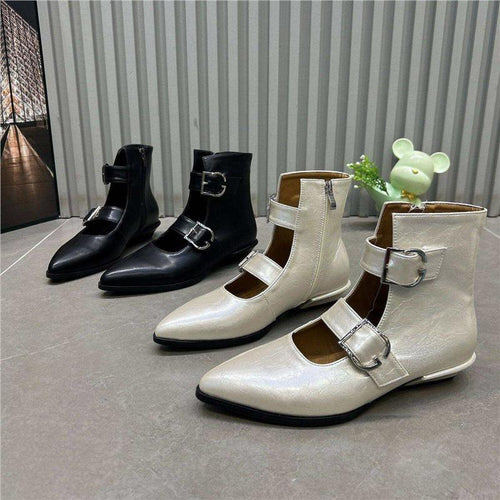 Damen Spitz zulaufende Ankle-Boots mit Doppelriemen, Schnallen und niedrigem Blockabsatz Drune
