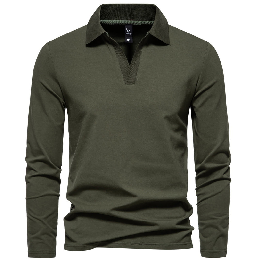 Herren nan Langarm-Polo mit offenem V-Ausschnitt, feinem Rippenkragen und schmaler Silhouette Drune