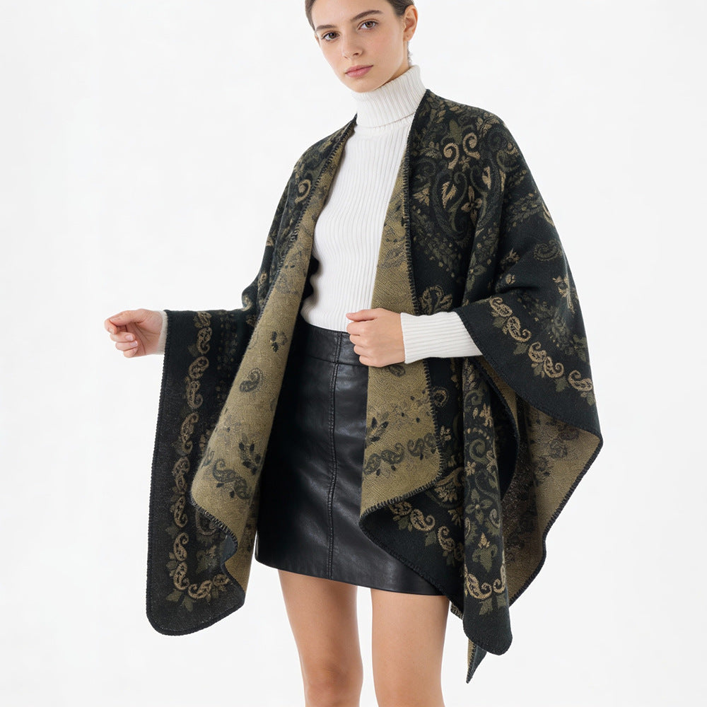 Damen Reversibler Ornamentaler Capeponcho mit feiner Jacquardstruktur Drune
