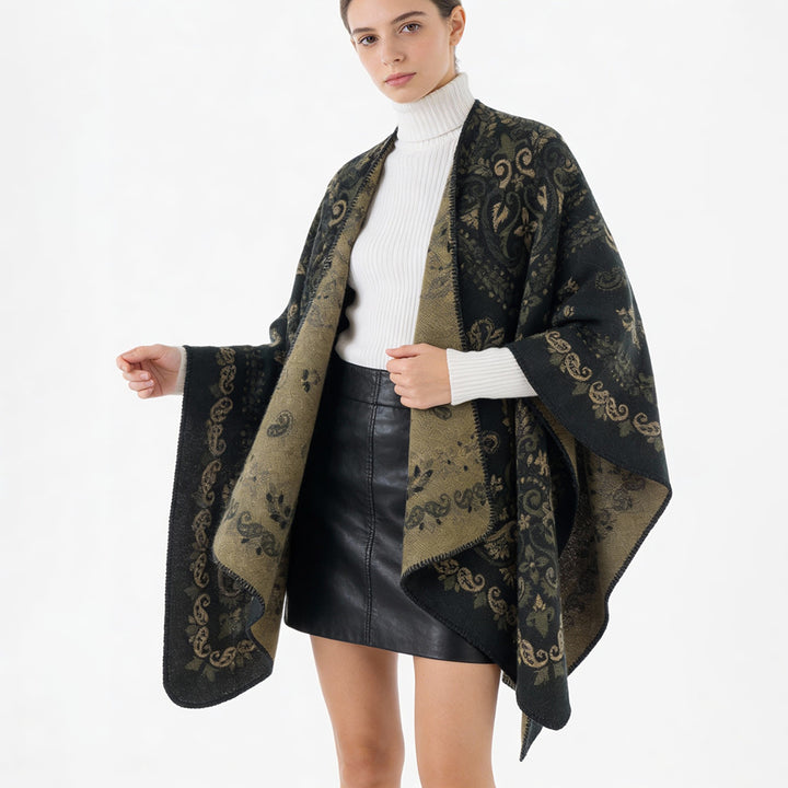 Damen Reversibler Ornamentaler Capeponcho mit feiner Jacquardstruktur Drune