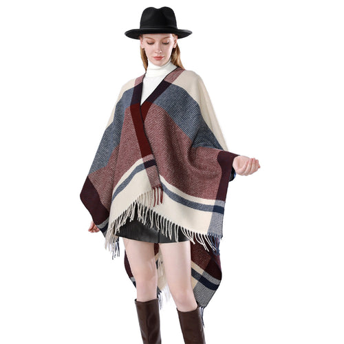 Damen Oversize Wollmix-Überwurf mit V-Ausschnitt und Fransen Drune