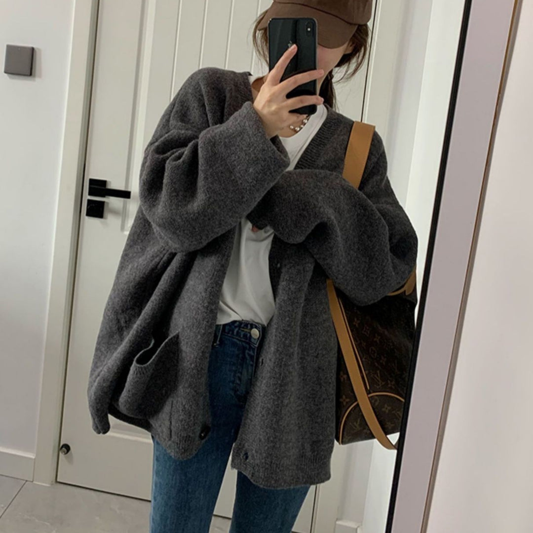 Damen Gemütliche Strickjacke mit weiten Ärmeln und praktischen Taschen Drune