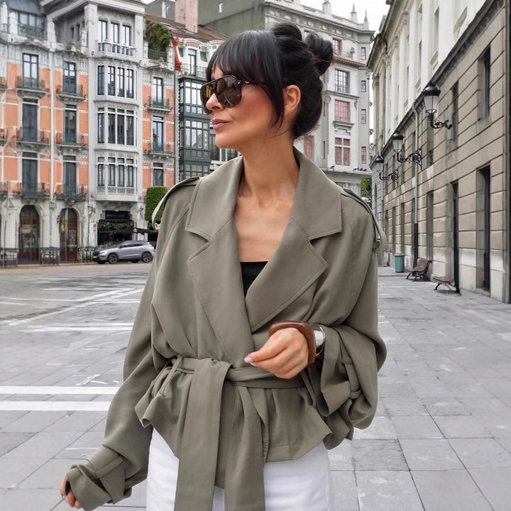 Damen Oversized Trenchcoat mit tailliertem Gürtel und voluminösen Ärmeln Drune