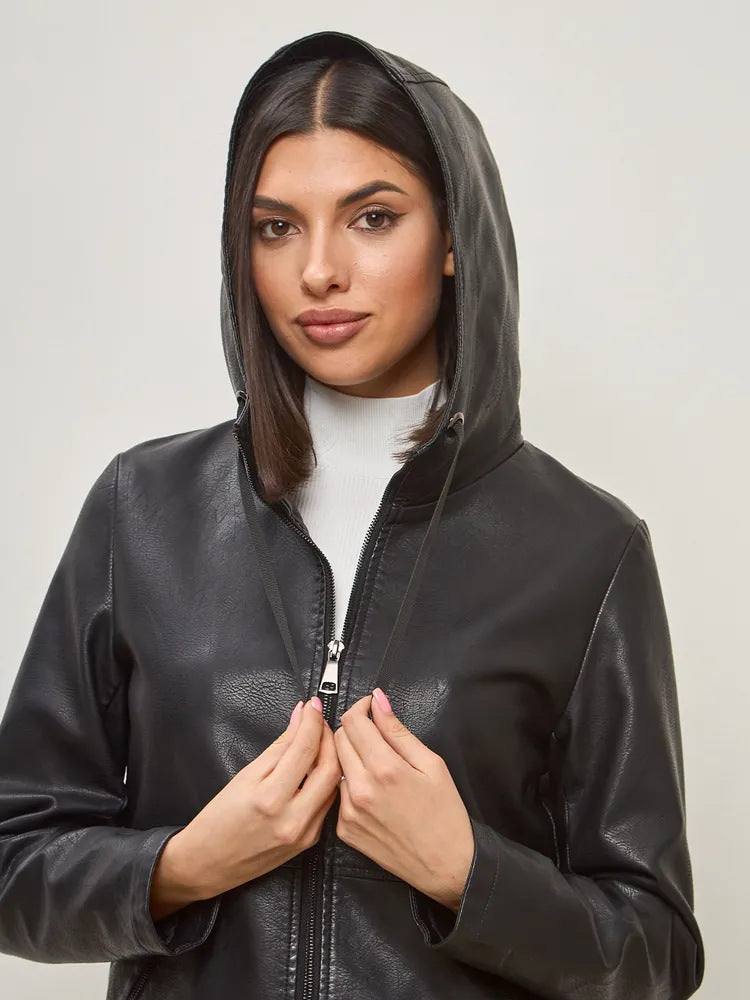 Damen modische Kunstlederjacke mit Kapuze und Reißverschlusstaschen Drune