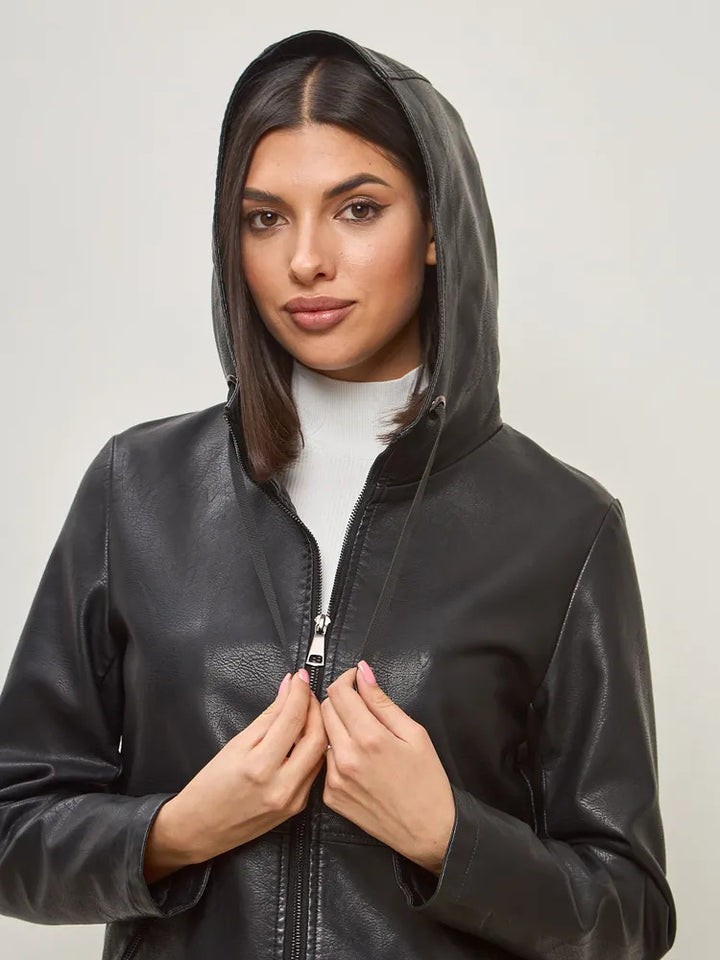 Damen modische Kunstlederjacke mit Kapuze und Reißverschlusstaschen Drune