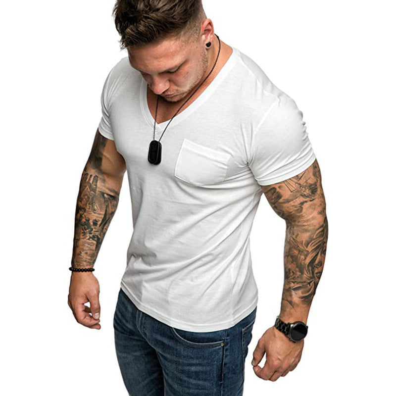 Herren V-Ausschnitt T-Shirt aus weicher Baumwolle mit Brusttasche Drune