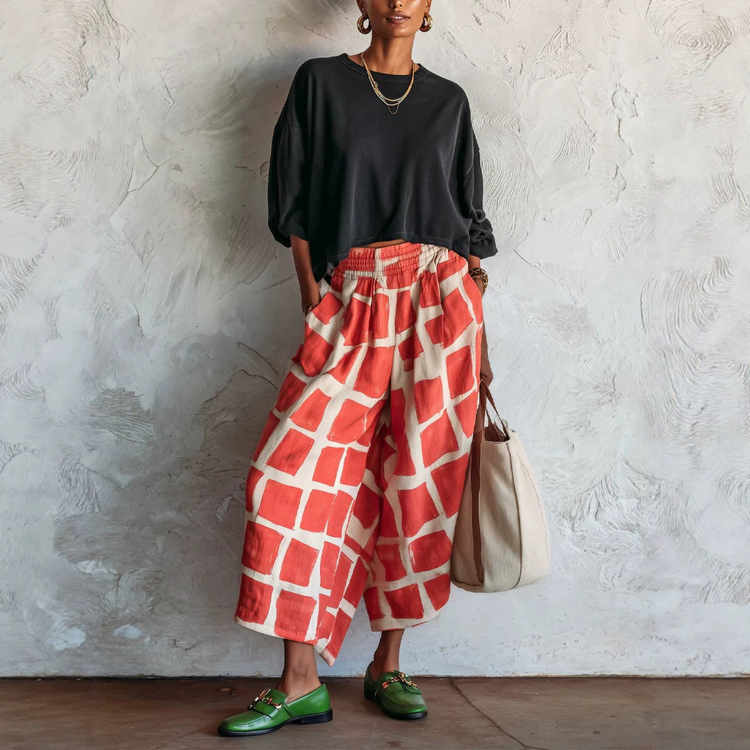 Damen Weite Culotte-Hose aus Leinenmix mit elastischem Bund und grafischem Print Drune