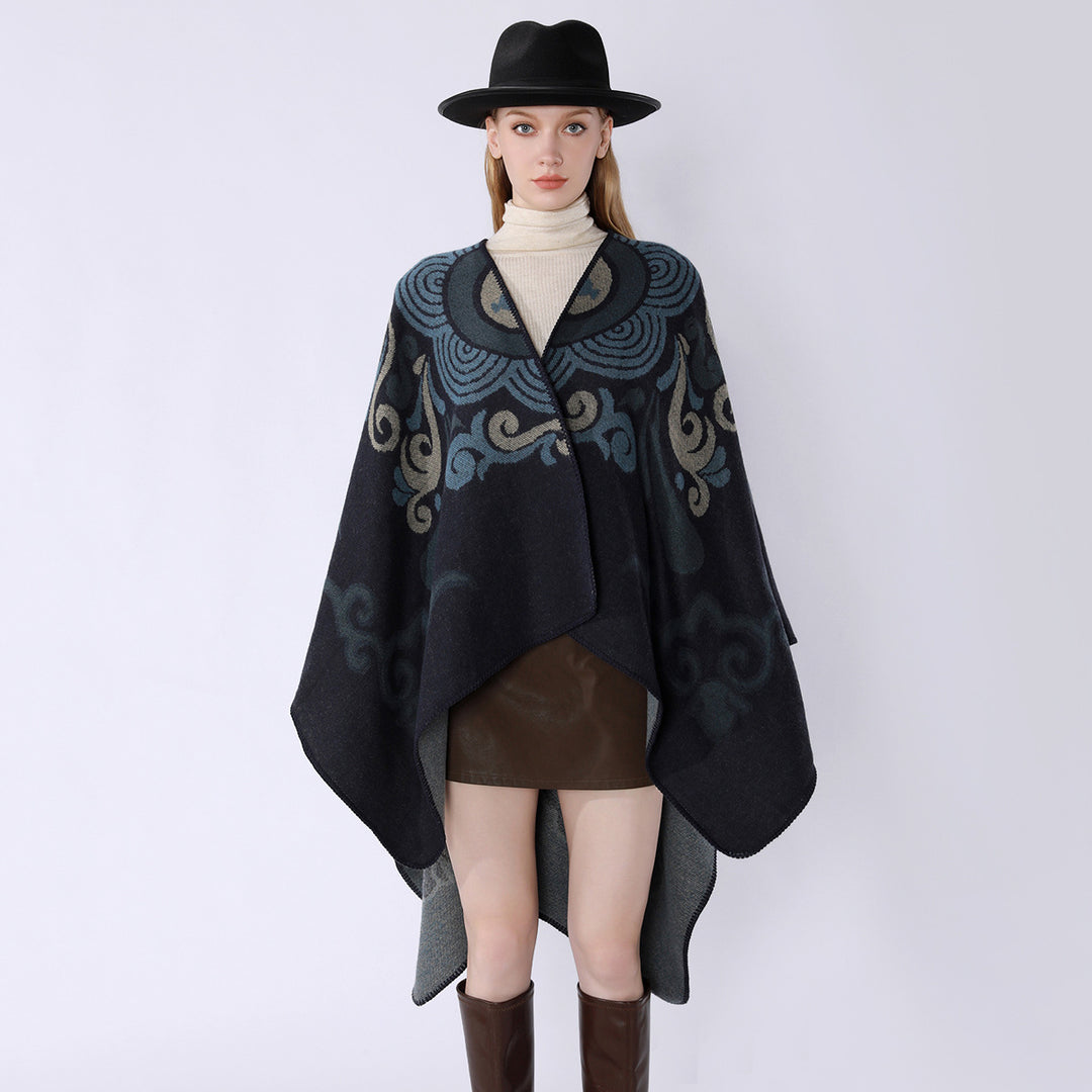 Damen Wollmix-Cape mit ornamentalem Jacquard, asymmetrischem Zipfel und weichfallendem Oversize-Fall Drune